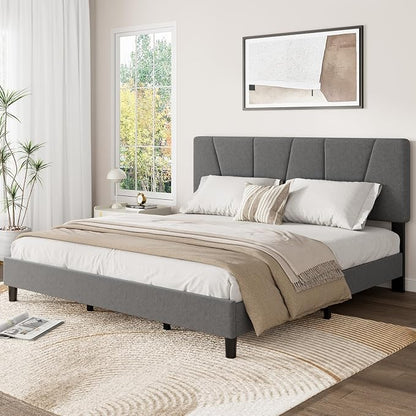 GarveeHome King Size Bed Frame with Upholstered Headboard, Modern Fabric Platform Bed Frame with Wooden Slat Support, Adjustable Headboard, No Box Spring Needed, Noise-Free, for Bedroom