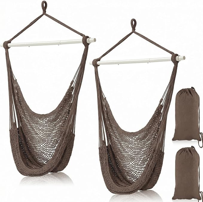 Barydat 2 Pcs Hanging Hammock Chair Boho Swing Chair Outdoor Indoor Comfy Soft Cotton Rope Weaving with 40 Inch Detachable Metal Bars for Backyard Living Room Garden, 270lb Capacity (Dark Brown)