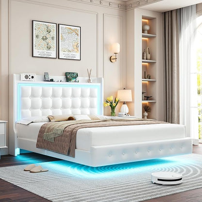 Keyluv Full Floating Bed Frame with Storage Headboard, LED Lights & Charging Station Platform Bed, Soft Upholstered PU Leather, USB/Type-C Ports, Easy Assembly, White