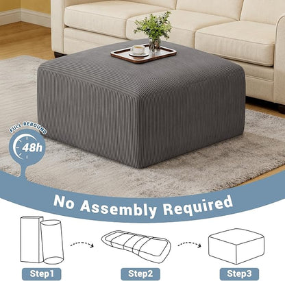 40" Oversized Large Square Corduroy Ottoman Pouf - Poofy Plush Foot Rest with Foam Chunk Filling, Movable Floor Pouf Footstool & Ottoman Coffee Table for Living Room Couch Bedroom, Grey(2 Pieces)