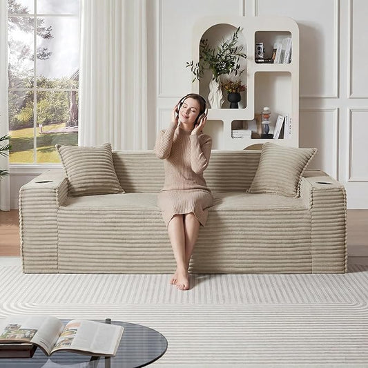 Boneless Sectional Sofa Couch with Cup Holders & Side Pockets, Modern Corduroy Fabric Deep Seat 3-seat Cloud Couch for Living Room Office, No Assembly (Camel)