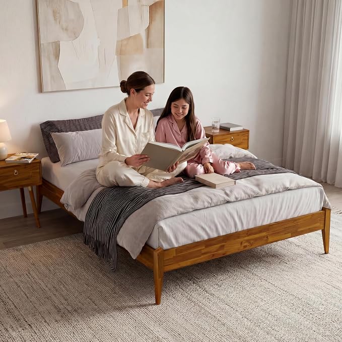 Bme Dinkee Wooden Queen Bed Frame, 15 Inch Height, Elegant Minimalist Modern Design with Japanese Joinery, Durable Wood Slats for Reliable Support, No Box Spring Required, Caramel