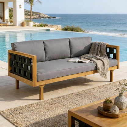 Merax Outdoor 3 Seater Daybed, Acacia Wood Patio Day Bed Couch Sofa with Cushions & Stylish Rope Weave Armrest, 67.5" L Outdoor Seating for Gardern Deck Porch Balcony, Dark-Grey