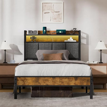 Twin Bed Frame with LED Light &Charging Station, Metal Platform Bed with 2-Tier Shelves & Under Bed Storage, Upholstered Headboard&Footboard,No Box Spring Needed,Noise Free,Easy Assembly,Vintage Brown