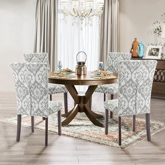 Parsons Dining Chairs Set of 4, Upholstered Nailhead Dining Room Kitchen Side Chair with Thick Cushions and Wood Legs, White/Grey