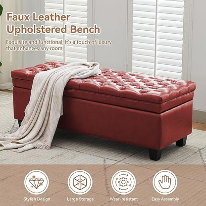 WUTUTUEE 50" Faux Leather Storage Ottoman Bench, End of Bed Upholstered Rectangle Storage Ottoman Tufted Living Room Bedroom Bench with Safety Hinge, Solid Wood Legs, Loads 500 lb(Red)