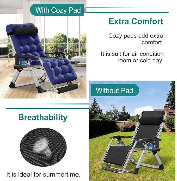 DoCred Oversized Zero Gravity Chair, 29In XL Lawn Folding Lounge Chairs, Lawn Recliner, Reclining Patio Lounger Chair, Folding Portable Chaise with Detachable Soft Cushion, Cup Holder, Headrest