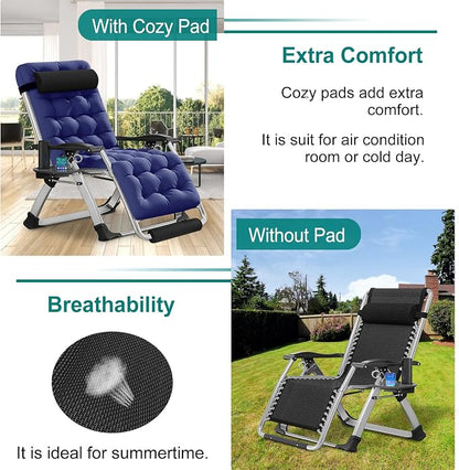DoCred Oversized Zero Gravity Chair, 29In XL Lawn Folding Lounge Chairs, Lawn Recliner, Reclining Patio Lounger Chair, Folding Portable Chaise with Detachable Soft Cushion, Cup Holder, Headrest