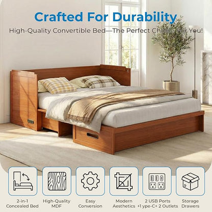 Mjkone Queen Murphy Bed with Mattress Include, Murphy Cabinet Bed with USB Charging Station, Hidden Cube Cabinet Beds with Large Storage Drawer for Bedroom Guest Room Home Office, Cherry