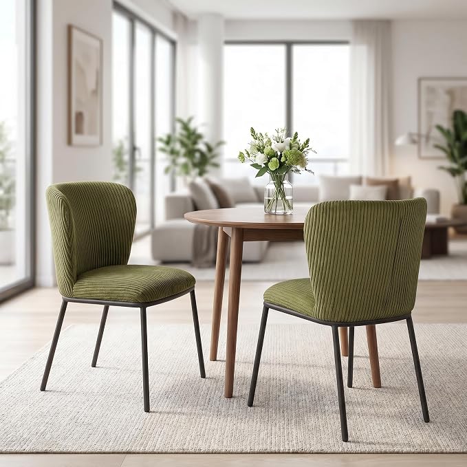 SIMTONAL Upholstered Dining Chairs Set of 2, Dining Chair, Thickened Cushion, Corduroy Fabric, Easy to Clean & Assemble, for Dining Room/Living Room/Office, Green