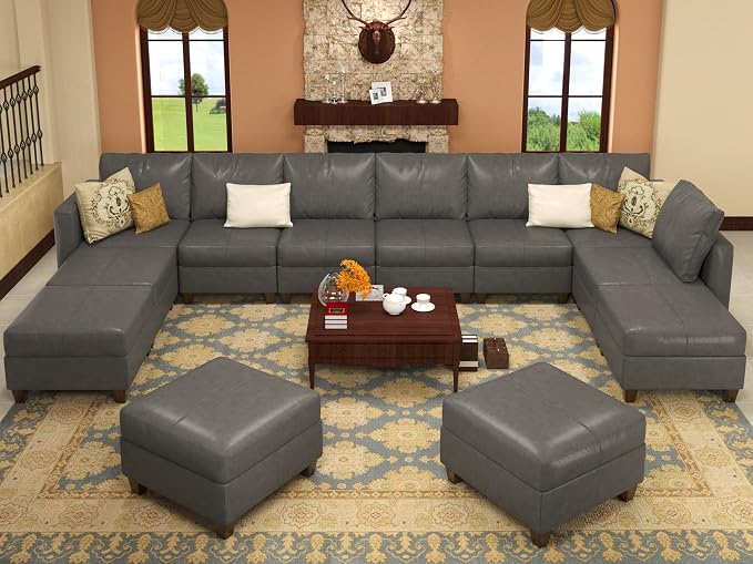 EASE MOOSE Oversized Sectional Sofa Modular Couch with Reversible Chaises, Faux Leather U Shaped Sectional Couch with Storage Convertible Sleeper Sofa