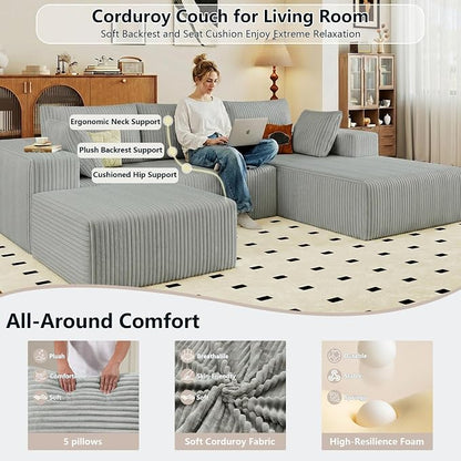95" Cloud Sectional Couch U-Shaped Chaise with Ottoman, Corduroy Boneless Couch for Living Room Bedroom, Deep-Seat Upholstered Modular Cloud Sofa, No Assembly Required (Light Grey,Right Facing Chaise)