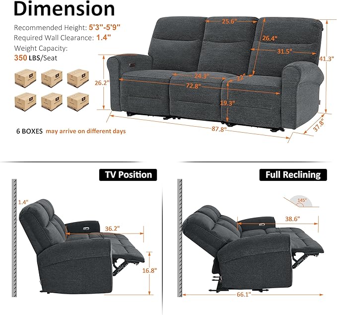 MCombo 87.8" Wall Hugger Power Reclining Sofa, 3-Seat Triple Recliner Couch with USB Ports, Rolled Arm Space Saving Recliner Sofa for Living Rooms Apartments RV, Fabric PR635M5 (Dark Grey)