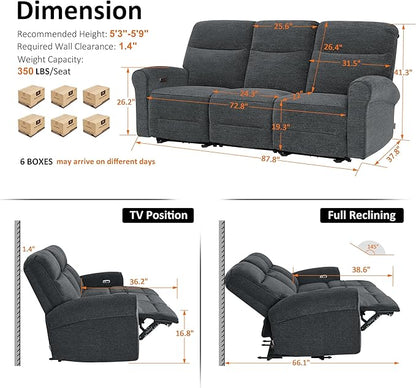 MCombo 87.8" Wall Hugger Power Reclining Sofa, 3-Seat Triple Recliner Couch with USB Ports, Rolled Arm Space Saving Recliner Sofa for Living Rooms Apartments RV, Fabric PR635M5 (Dark Grey)