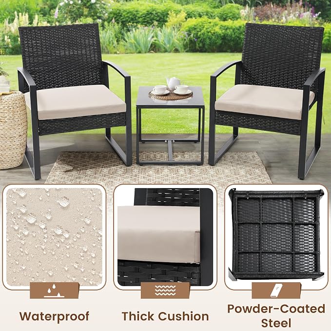 Murago 3 Piece Wicker Patio Bistro Set, Rattan Conversation Set with Coffee Table, for Balcony, Porch, Garden, Yard, Poolside, Black Frame with Beige Cushion