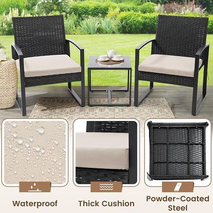 Murago 3 Piece Wicker Patio Bistro Set, Rattan Conversation Set with Coffee Table, for Balcony, Porch, Garden, Yard, Poolside, Black Frame with Beige Cushion