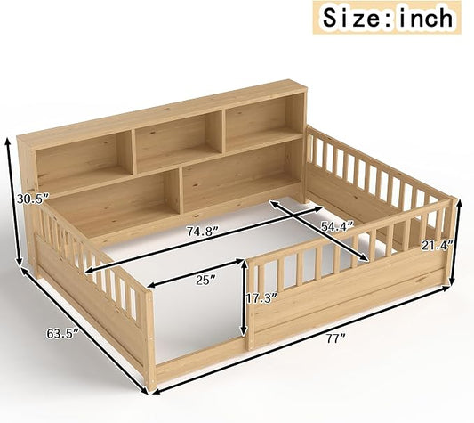 Bellemave Kids Montessori Floor Bed Full Size,Floor Bed Frame with Bookcase and Fence for Kids Boys Girls,Natural