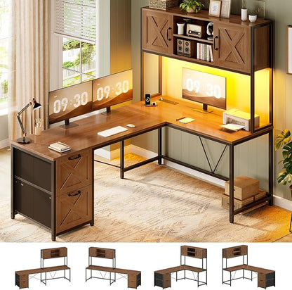 SEDETA Farmhouse L Shaped Desk with Hutch, Reversible 86.6" Home Office Two Person Desk with Drawers and LED Light, Corner Gaming Desk with Power Outlet and Storage Shelves, Brown