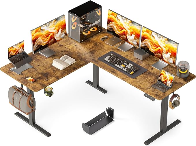 WALKINGDESK 63X55 Inches Reversible L Shaped Standing Desk Height Adjustable with Cup Holder, Electric Corner Computer Desk, Sit Stand up Home Office Desk, Ergonomic Gaming Desk, Rustic Brown
