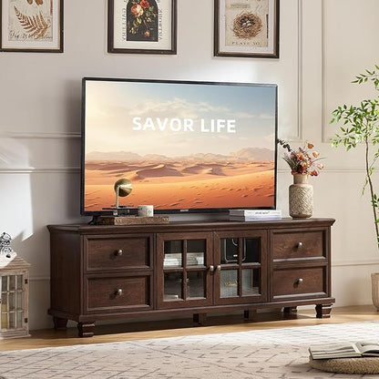 SAVOR LIFE Farmhouse TV Stand and Coffee Table Set 4, Rustic Wood Living Room Table Set with TV Console, Center Table, End Table Set of 2 for Living Room, Walnut
