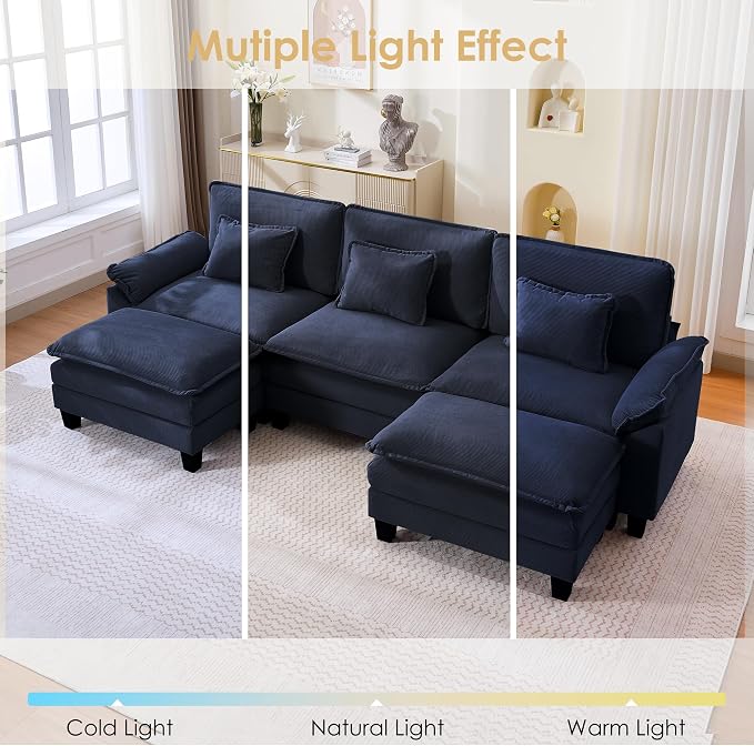 122" Corduroy Modular Sectional Sofa, Convertible U Shaped Modular Sofa Comfy Cloud Couch with Ottoman, Side Pockets and 3 Throw Pillows for Living Room, Blue, 5 Seats