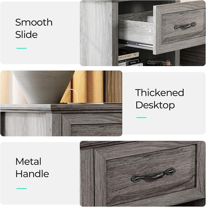 LINSY Night Stand 18.9" Farmhouse Wood Night Stand with Type-C Charging Station Open Storage Shelf Nightstands with Drawer Side Table End Table for Bedroom Living Room Sofa Couch Office Grey