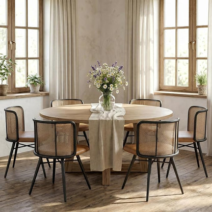 TYBOATLE Farmhouse Rattan Dining Chairs Set of 6 (Brown) | Boho, Natural Cane Woven Back, Faux Leather Seat, Metal Legs, Upholstered, Kitchen, Dining Room
