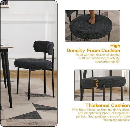 EDWELL Black Dining Chairs Set of 6, Mid-Century Modern Dining Room Chairs with Thick Cushions, Round Upholstered Boucle Dining Chair with Metal Legs for Kitchen, Living Room, Kitchen Chairs