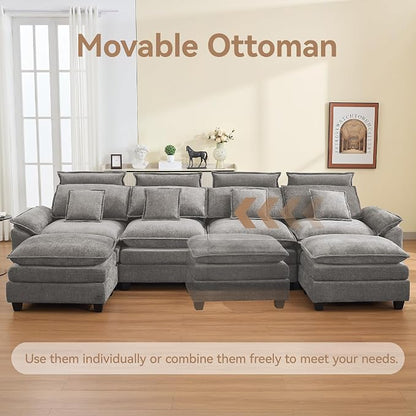 134'' Cloud Modern 4 Seater Couch with Detachable Headrest, Modular Sectional Sofa with 2 Ottoman, Oversized U Shape Chenille Comfy Sofa with Armrests for Living Room, Light Grey