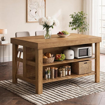 Tribesigns 55.1-Inch Kitchen Island with Seating and Storage, 3-Tier Large Farmhouse Island Table with Large Countertop and Leg Room for Kitchen Dining Room (Rustic Brown)