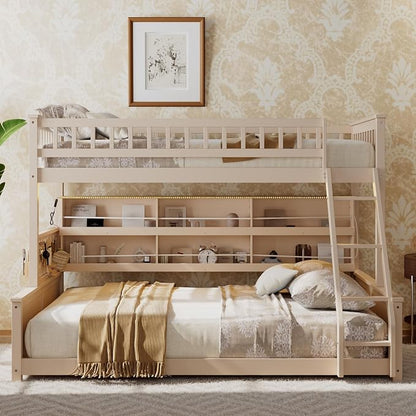 Merax Twin Over Queen Bunk Bed,Wood bunk Bed with LED,Bed with Integrated Shelving, Color-Changing Lights and Pegboard, Twin XL Over Queen, Beige