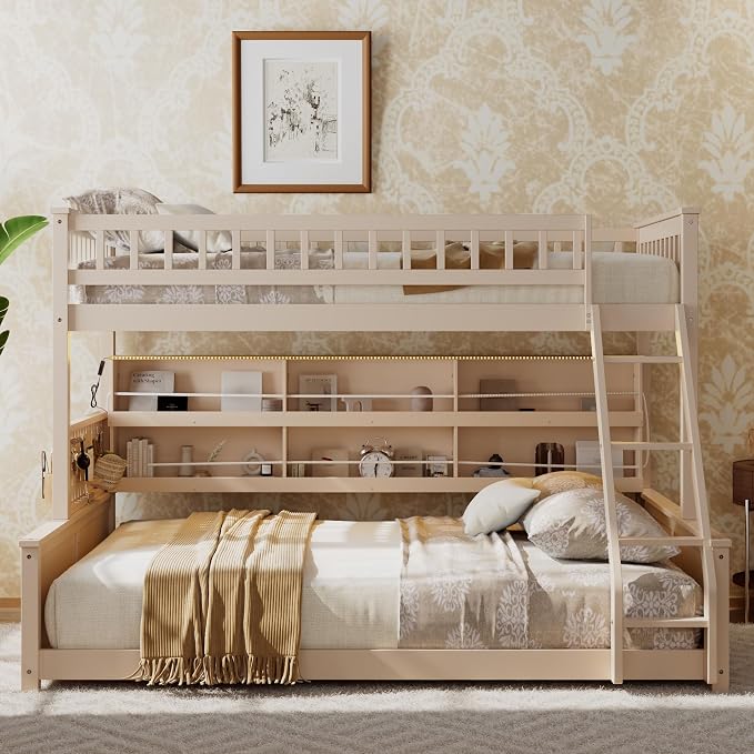 Twin XL Over Queen Bunk Bed, Wood Bunk Bed with Integrated Shelving, Color-Changing Lights and Pegboard for Kids Teens Adults, Beige