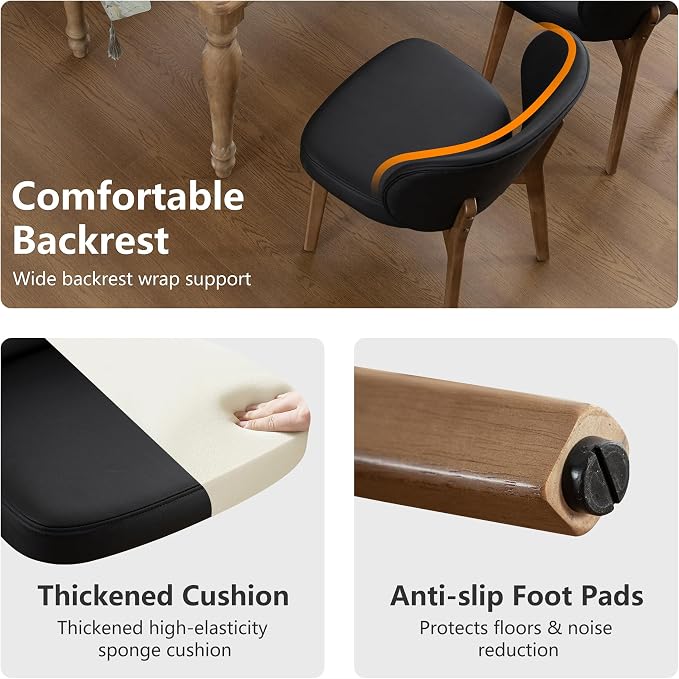 YOUNIKE Dining Chairs Set of 2 Modern Kitchen Dining Room Chairs Black | Faux Leather Upholstered Armless Side Accent Chair with Back Wide Padded Seat Wooden Leg, Soft, Waterproof, Comfortable