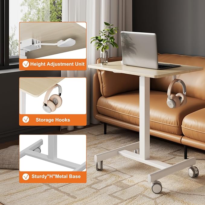 18.9*25.6 inch Mobile Standing Desk,T Shaped Pneumatic Adjustable Height Stand Up Desk,with Lockable Wheels,Ergonomic Standing Side Table for Home Office Work Computer Workstation MAPLE+WHITE