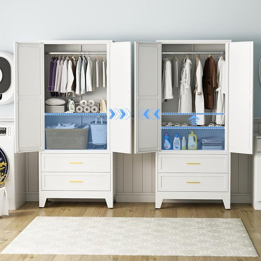 71" H Armoire Wardrobe Closet with 2 Drawers, Metal Wardrobe Closet with Doors and Adjustable Shelves, Wardrobe Cabinet with Hanging Rod, Closets for Bedroom, Laundry Room, White