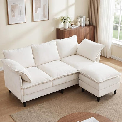 3 Seater L-Shape Couch Sofa with Ottoman, 69" Small Couch Modern Comfy Cloud Chenille Sofa 23" Deep with Washable Pillow Cover Couches for Living Room Bedroom Apartment Office 69-Beige-L