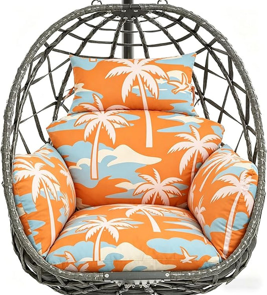 Egg Chair Cushion Replacement, Waterproof Thicken Hanging Egg Swing Chair Cushion for Outdoor Furniture, Wicker Rattan Hammock Basket Cushion with Headrest Pillow 47x31.5x4.7 inch(Orange Coconut Tree)