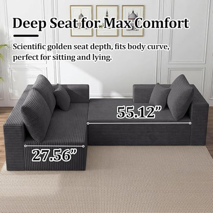 118" Modular Sectional Sofa with Chaise and Ottoman, Oversized U-Shaped Corduroy Cloud Couch, Deep Seat Boneless Couch for Living Room, No-Assembly - Grey(Left Facing Chaise)