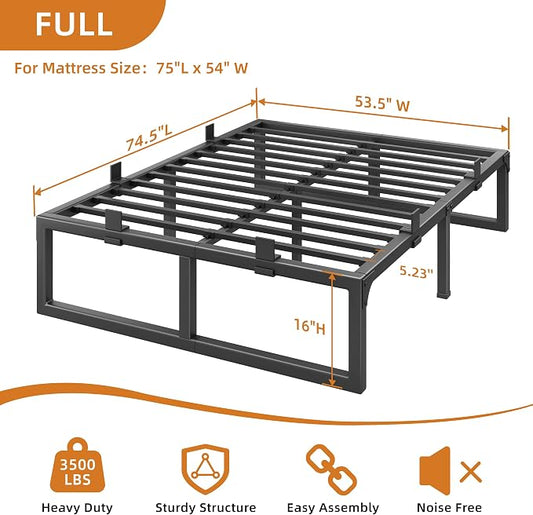 Full Size Bed Frame, 16 Inch Metal Platform Bed Frames with Squeak Free U-Slot Design, 6 Non-Slip Guards, 3500lbs Heavy Duty Steel Slat Support, No Box Spring Needed, Under Bed Storage, Black