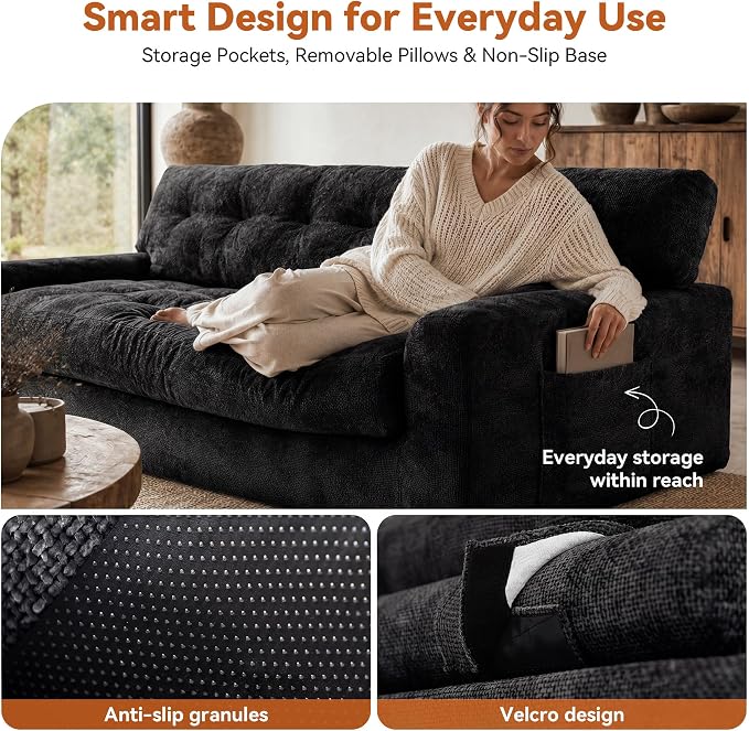 MONVANE 75.6" Convertible 3 Seater Sofa, Comfy Chenille Cloud Couch with Storage Pocket, Modern Deep Seat Boneless Couch, 3 Seater Sofa for Living Room, No Assembly Required, Black