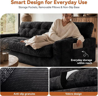 MONVANE 75.6" Convertible 3 Seater Sofa, Comfy Chenille Cloud Couch with Storage Pocket, Modern Deep Seat Boneless Couch, 3 Seater Sofa for Living Room, No Assembly Required, Black