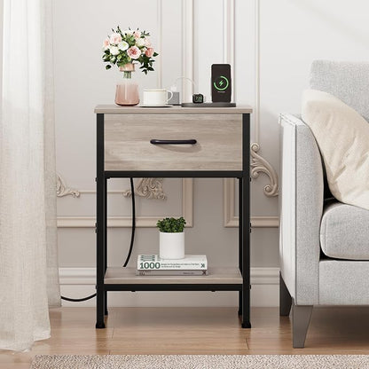 Vagusicc Nightstand Set of 2 with Charging Station, Bed Side Table with Fabric Drawer, Small End Table with 2-Tier Storage Shelves, 25.4" Tall Night Stand Bedside Table for Bedroom Living Room, Greige