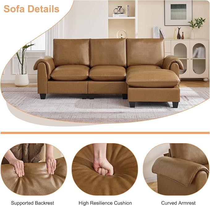 96" Faux Leather Modular Sectional Sofa with Movable Ottoman, Oversized 3 Seater Couch with Curved Armrests, Cloud Modern L-Shaped Sofa Deep Seat for Living Room, Light Brown