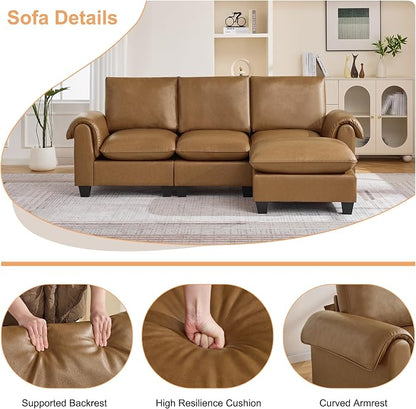 96" Faux Leather Modular Sectional Sofa with Movable Ottoman, Oversized 3 Seater Couch with Curved Armrests, Cloud Modern L-Shaped Sofa Deep Seat for Living Room, Light Brown