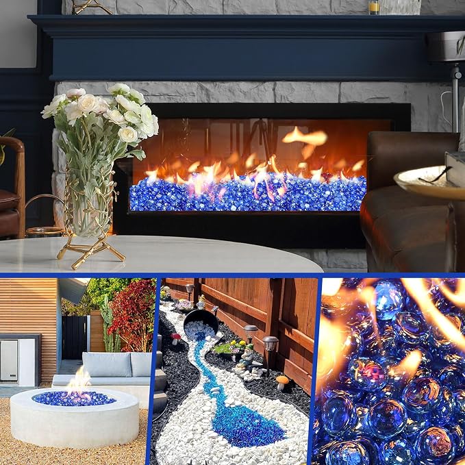 GasSaf Blue Fire Glass Beads for Outdoor Fire Pit, Fireplace, Replaces Existing Gas Logs & Lava Rocks, 3/4 Inch Glass(20 Pound)(Pacific Blue Reflective)