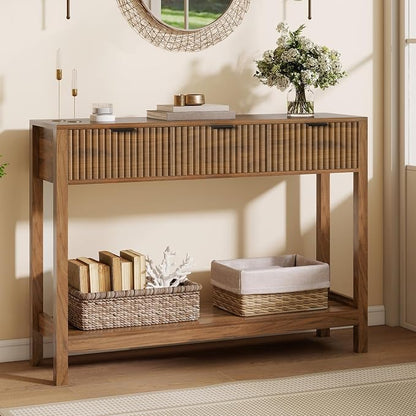 Nasonet Fluted Console Table, Wooden Sofa Table with Storage and Drawers, Farmhouse Behind Couch Table Entryway Table for Entrance, Hallway, Living Room, Brown
