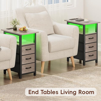 Vagusicc Set of 2 Nightstand with Charging Station and LED Lights, Narrow End Table, LED Night Stand with 3 Fabric Drawers for Bedroom, Small Bedside Table, Narrow Side Table for Small Spaces, Greige