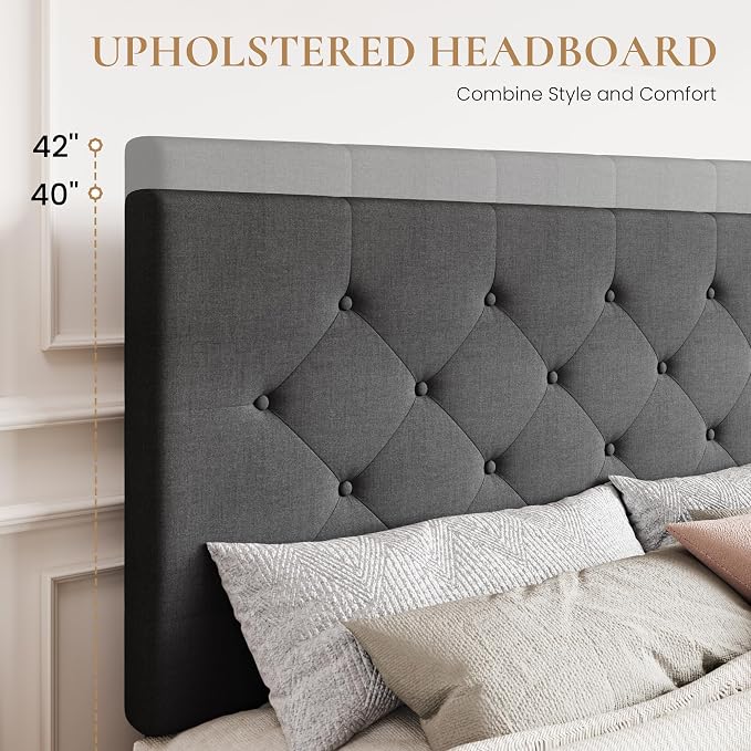 SHA CERLIN Upholstered Queen Size Platform Bed Frame with 4 Storage Drawers, Adjustable Headboard with Diamond Stitched Button Tufted Design, Wooden Slat Support, No Box Spring Needed, Dark Grey