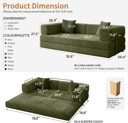 78.8" Convertible Sofa Bed with Armrest Pillow, 4-in-1 Sleeper Couch Bed for Livingroom, Modular Corduroy Boneless couches, No Assembly (Green)