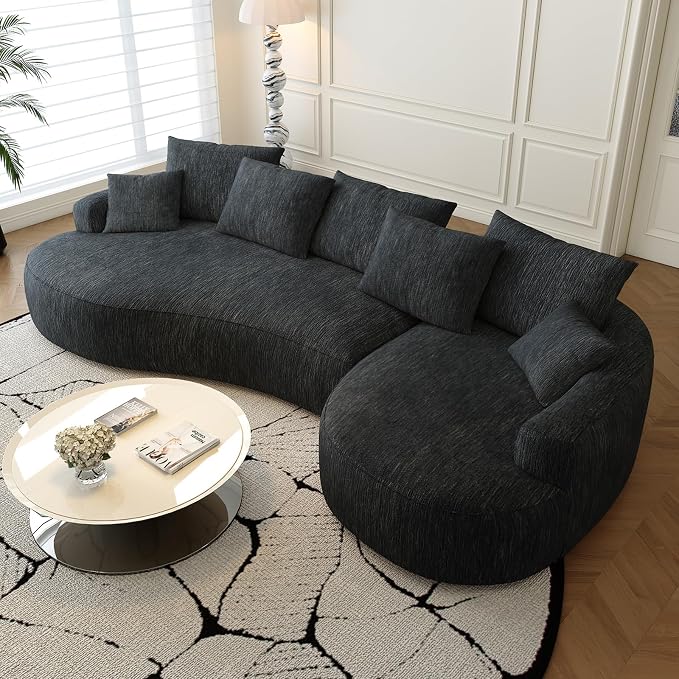 115-inch L-Shaped Luxurious Modern Contoured Curved Back Sofa, a Seamless Boneless Design with a Curved Silhouette, Ideal for Living Room use(Right Chaise,Black)
